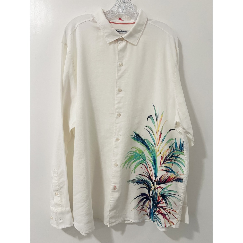 Tommy Bahama Mens XL Linen Blend Button Down Shirt Palm Leaf Print Long Sleeve